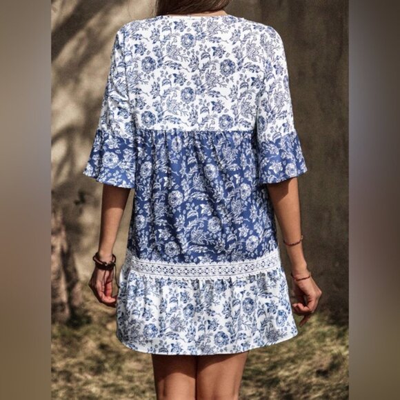 Blue Boho Floral Print Lace Dress - Picture 3 of 6